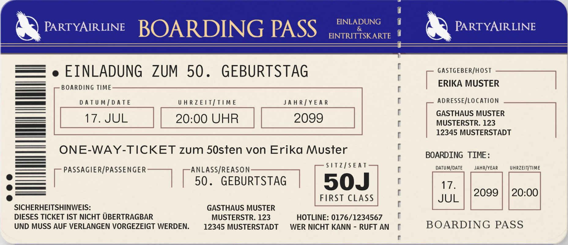 Blaue Einladungskarte zum 50. Geburtstag als Flugticket