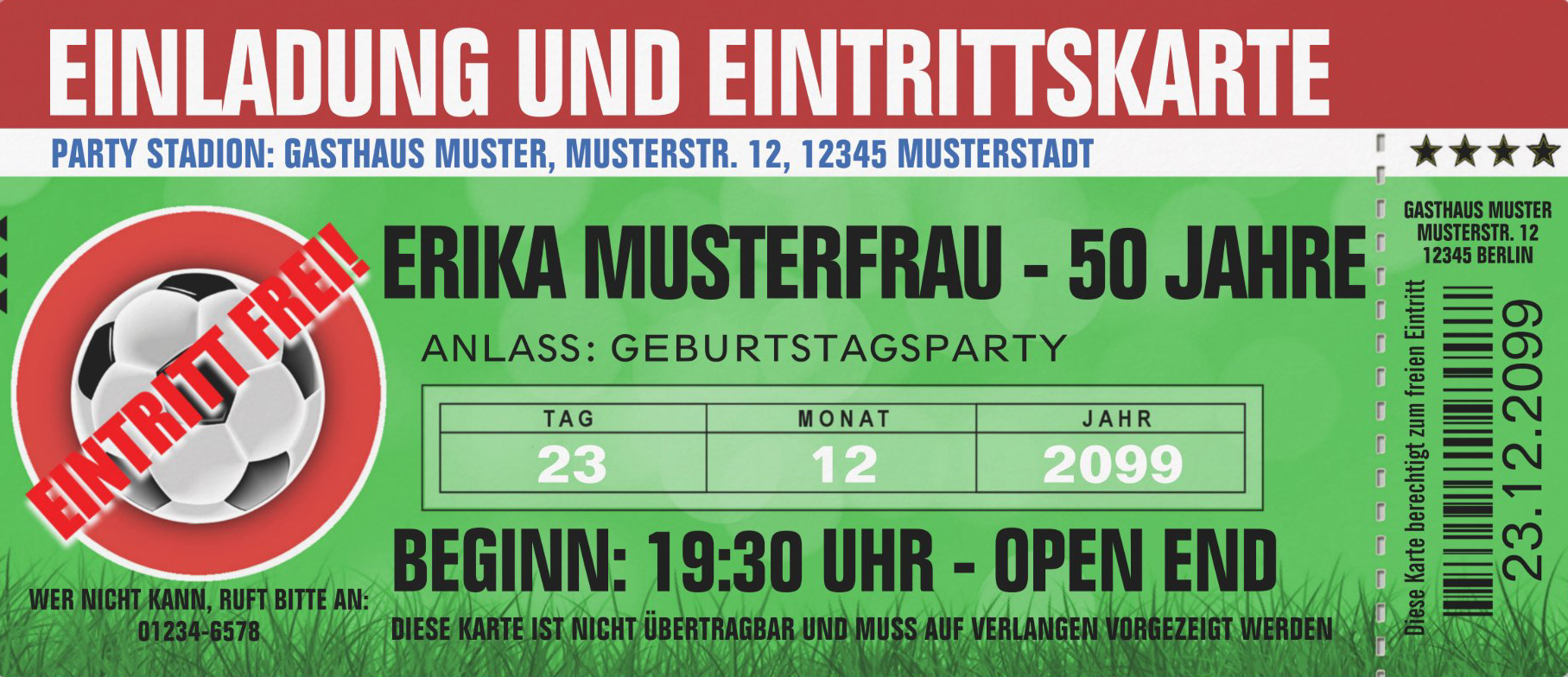 Einladung als Eintrittskarte zum Fußballspiel, mit den Farben Rot und Grün