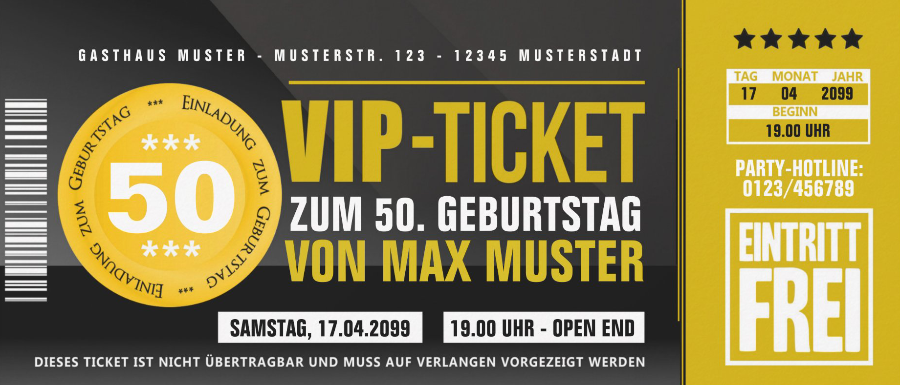 Einladungskarte als VIP-Ticket in Schwarz Orange Ocker
